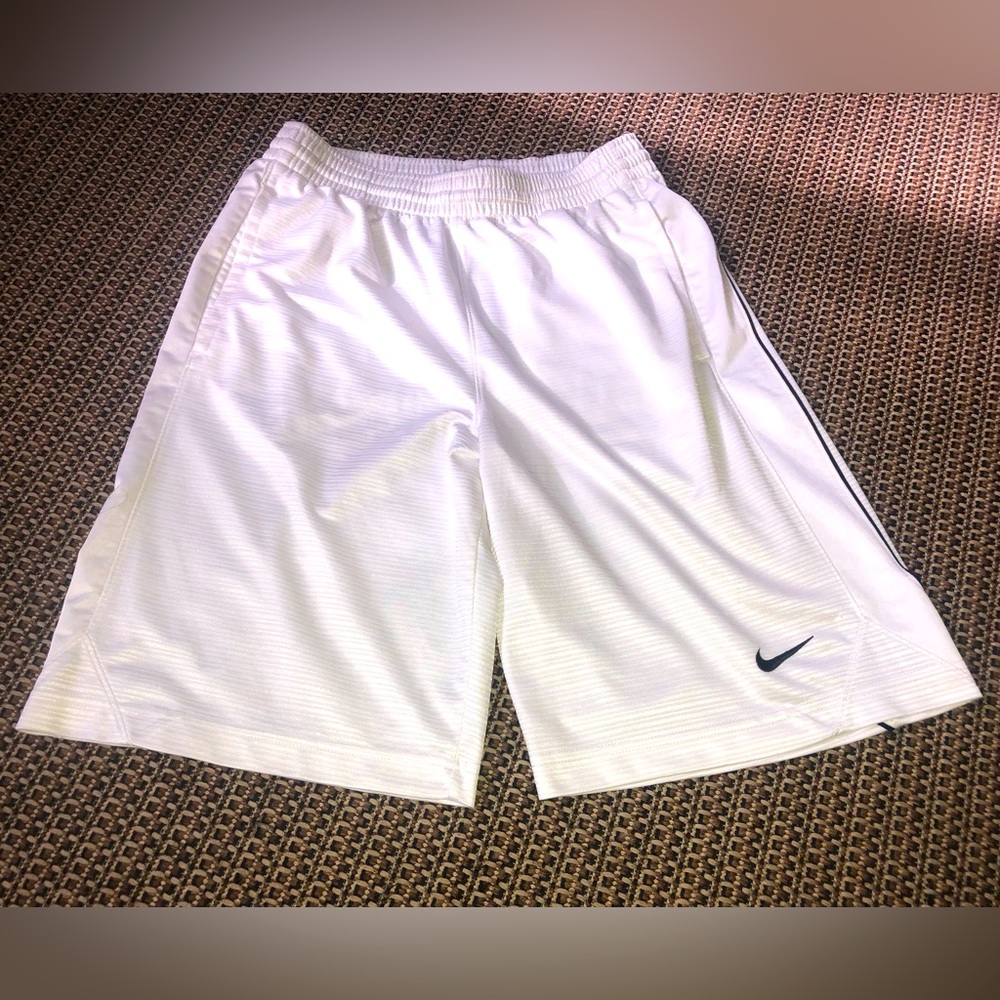 NIKE Men's White Basketball Athletic Shorts (w- Thin Black Stripes &Logo Swoosh)